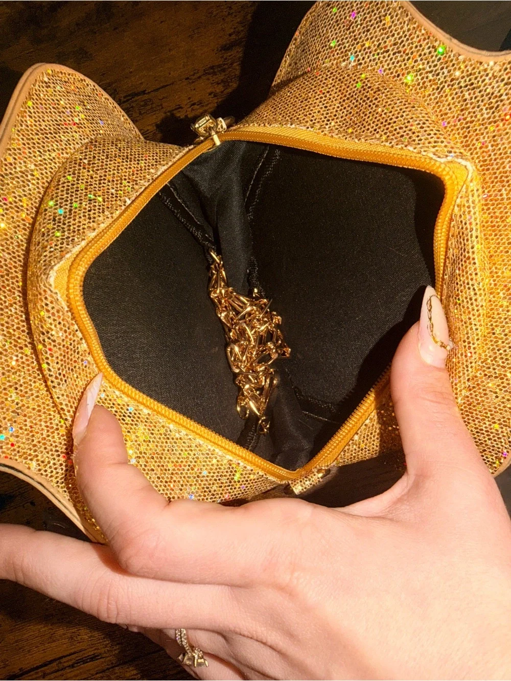 SHEIN Gold Glitter Tequila Bottle Bag with Pink Accent